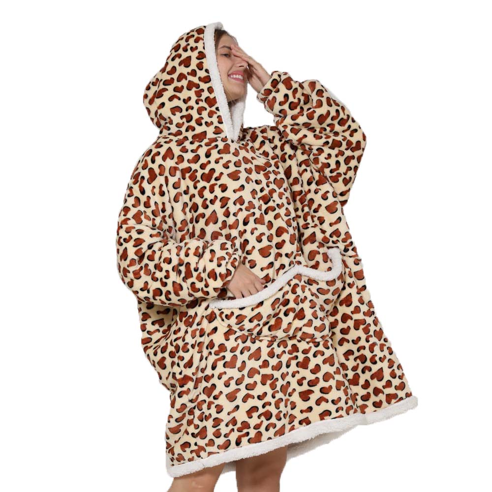 Sherpa Hoodie Fleece - ผ้าห่มมีฮู้ดสำหรับผู้หญิง, ผ้าฟลีซเชอร์ปาพิมพ์ลายเสือดาวสำหรับใส่นอนผ้าห่มมีฮู้ดเสื้อฟลีซกันหนาวหนา