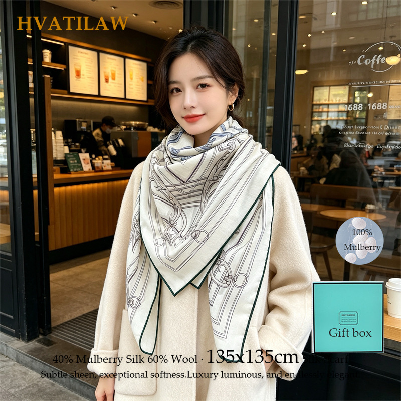 Shawl Wrap Winter - ผ้าพันคอไหมผสมขนสัตว์ 40% 60% ขนาด 135x135 ซม.